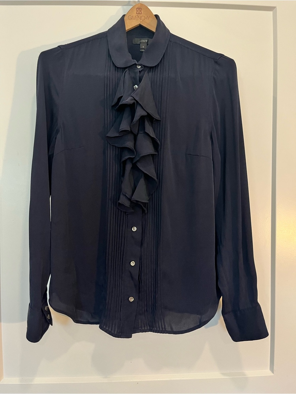 J Crew Navy Silk Ruffle Tuxedo Button Down Blouse Office Career Size 6